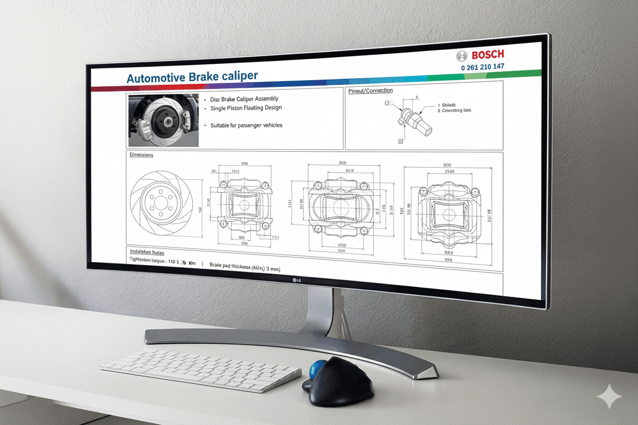 Monitor con datasheet tecnico Bosch per pinza freno