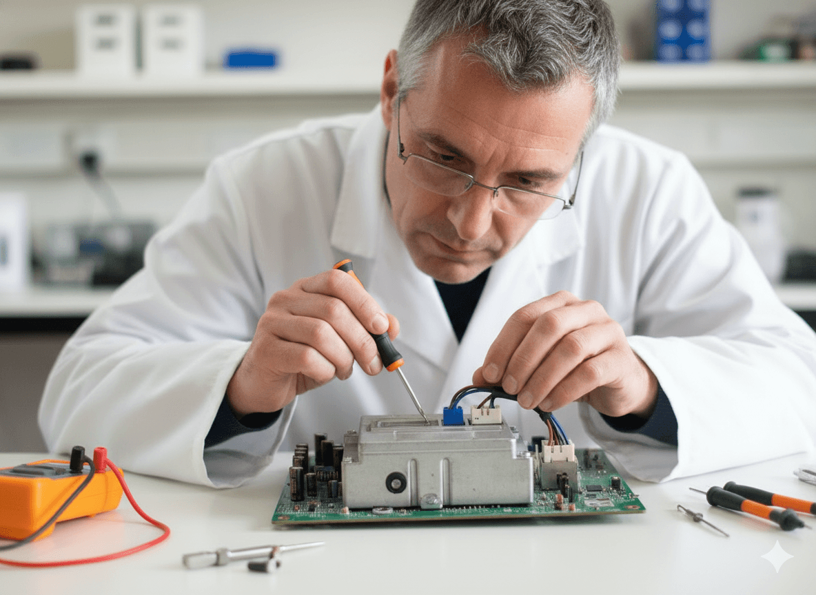 Tecnico in camice bianco che testa un componente auto
